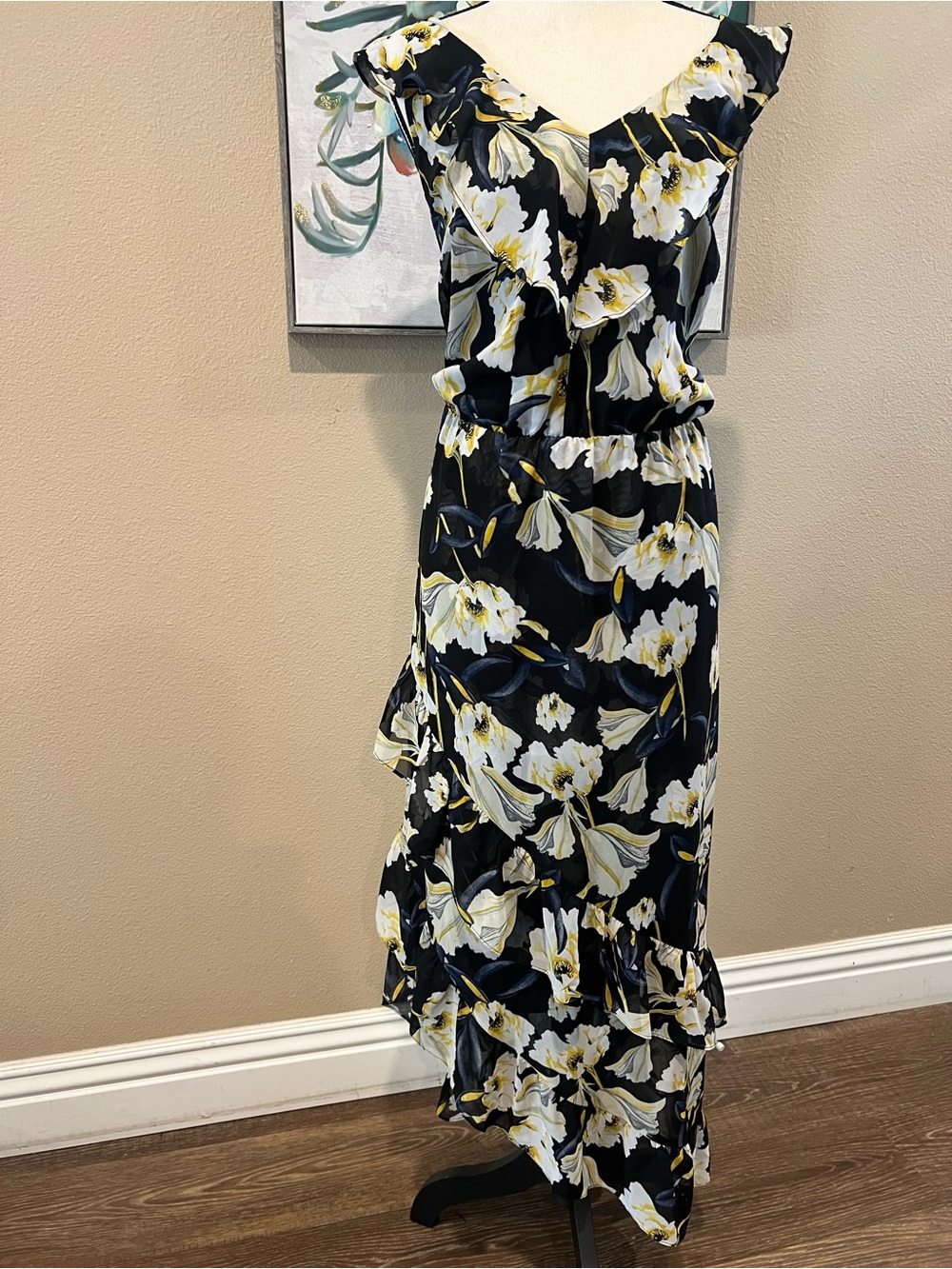 INC International Concepts Black Floral Maxi Dress with White and Yellow Print